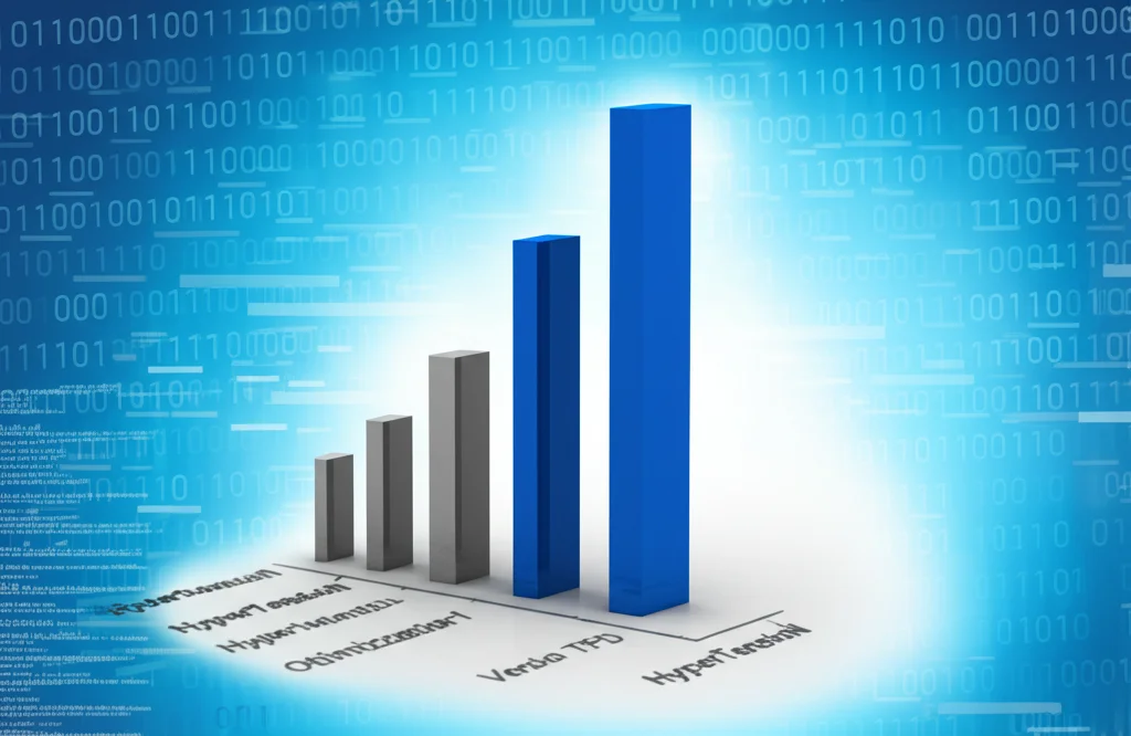 Grafico a barre 3D stilizzato che mostra un notevole incremento delle prestazioni (barre blu alte) per HyperTensioN con ottimizzazioni TPD rispetto alla versione senza ottimizzazioni (barre grigie basse) su diversi domini (etichette astratte). Sfondo digitale luminoso, focus sul grafico, obiettivo 50mm.