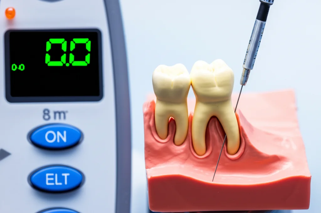 Fotografia macro, lente 85mm, di un display di un localizzatore apicale elettronico che mostra una misurazione stabile '0.0'. Accanto, una lima endodontica K-file misura 15 inserita in un modello di dente umano estratto, montato su alginato. Illuminazione da studio controllata, alta definizione, focus preciso sulla punta della lima e sul display.