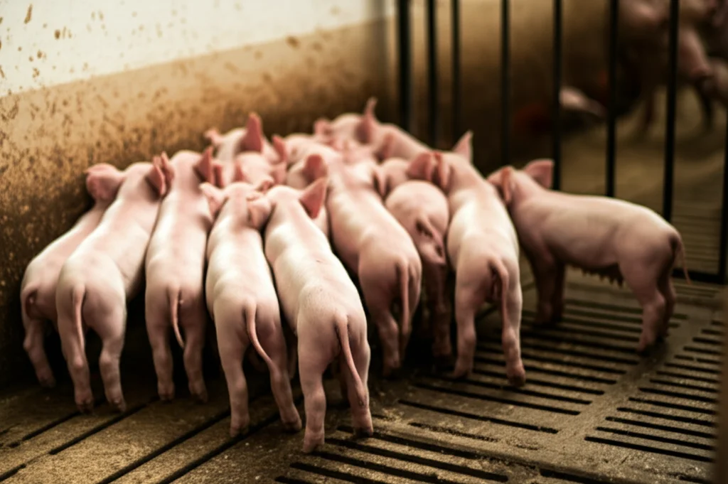 Fotografia di una cucciolata numerosa e sana di suinetti appena nati vicino alla scrofa madre in un ambiente pulito. Obiettivo prime 50mm, luce calda, focus sui suinetti.