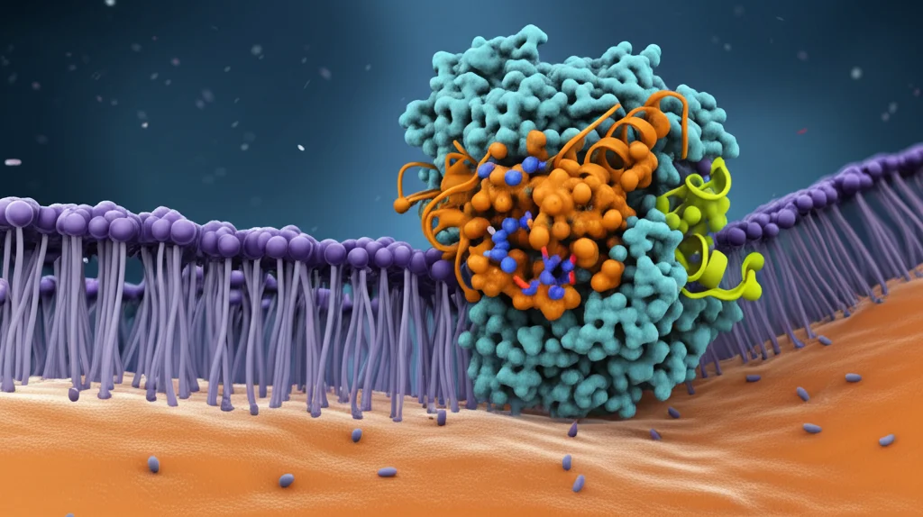 Visualizzazione 3D stilizzata di un recettore GPCR (CRHR2) sulla membrana di una cellula cardiaca, con una molecola di Urocortina 2 (UCN2) che si avvicina per legarsi. Illuminazione drammatica, stile macro, alta definizione, dettagli precisi sulla struttura proteica e sulla membrana cellulare.