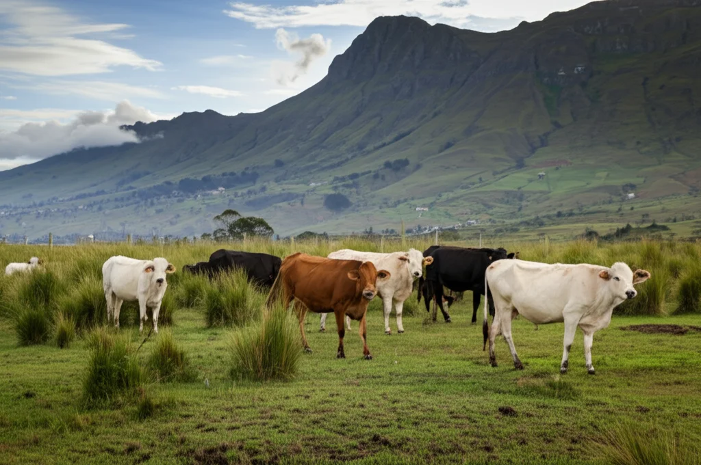 Mandria di bovini al pascolo in un campo ecuadoriano, con montagne sullo sfondo, obiettivo zoom 70-200mm, luce naturale del tardo pomeriggio, che cattura la scena rurale e l'importanza del bestiame.