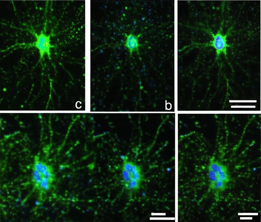 Immagine macro ad alta definizione di neuroni αCaMKII+ nel nucleo ventromediale dell'ipotalamo (VMH) di un topo, visualizzati tramite microscopia a fluorescenza con illuminazione controllata. Obiettivo macro 100mm, alta definizione, messa a fuoco precisa.