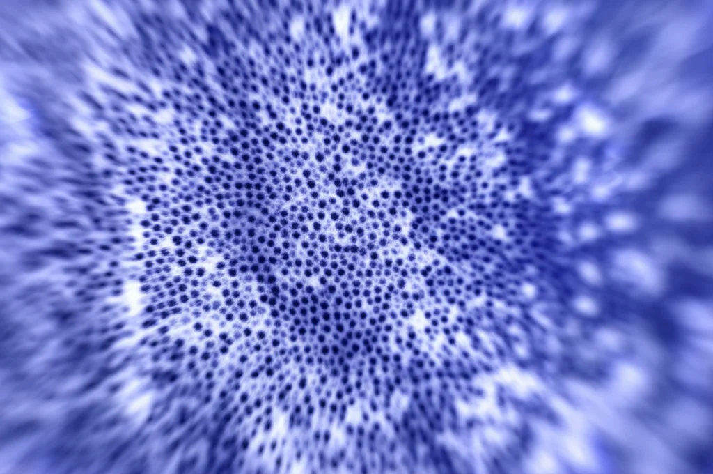 Visualizzazione astratta del segnale del recettore GHS-R1a che inibisce l'eccitabilità di un neurone ipotalamico. Effetto profondità di campo, colori duotone blu e viola, concetto di neuroscienza molecolare.