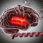 Immagine fotorealistica del cervello umano con l'area dell'ipotalamo ventromediale evidenziata in rosso incandescente, sovrapposta a una rappresentazione molecolare stilizzata del recettore GHS-R1a. Effetto profondità di campo, obiettivo 35mm, colori duotone grigio e rosso, concetto di neuroscienza e ansia.