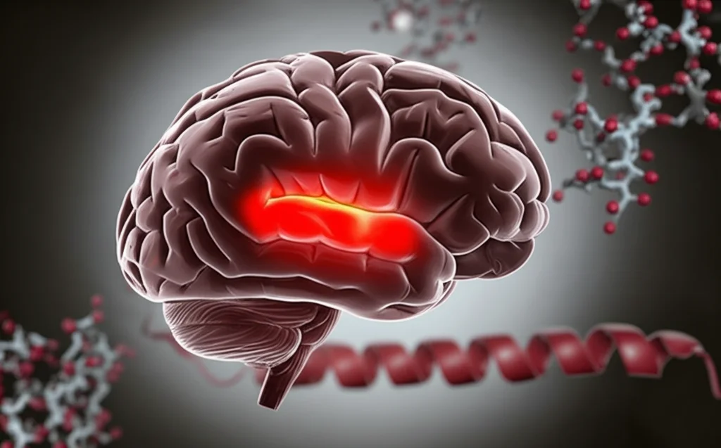 Immagine fotorealistica del cervello umano con l'area dell'ipotalamo ventromediale evidenziata in rosso incandescente, sovrapposta a una rappresentazione molecolare stilizzata del recettore GHS-R1a. Effetto profondità di campo, obiettivo 35mm, colori duotone grigio e rosso, concetto di neuroscienza e ansia.