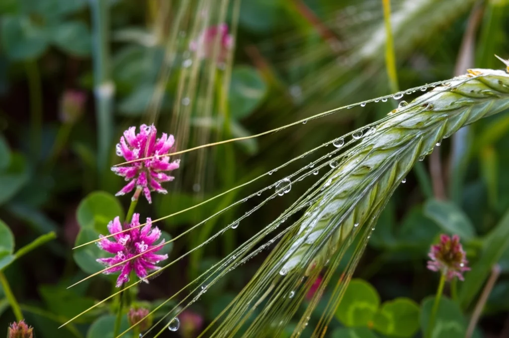Macro fotografia di foglie di trifoglio incarnato (Trifolium incarnatum) e segale (Secale cereale) intrecciate in un campo, obiettivo macro 100mm, alta definizione, illuminazione naturale controllata che evidenzia le gocce di rugiada.