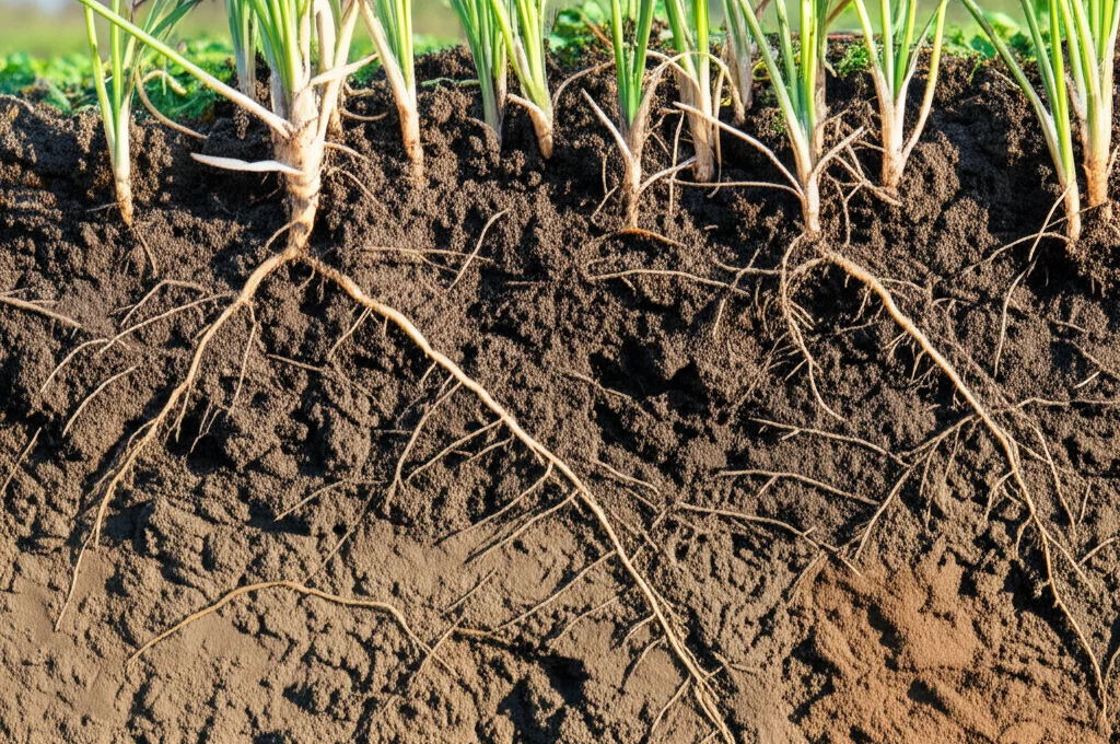 Profilo del suolo scavato in un campo agricolo che mostra la stratificazione e le radici delle cover crop (segale e trifoglio visibili), obiettivo grandangolare 24mm, messa a fuoco nitida su tutta la profondità, luce laterale per enfatizzare la texture del suolo e delle radici.