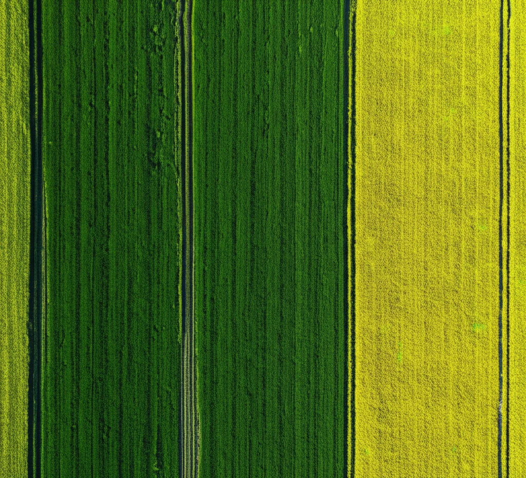 Veduta aerea con drone di parcelle sperimentali in un campo agricolo, alcune con monocolture di cover crop (segale, trifoglio) e altre con miscugli di segale, trifoglio e colza, obiettivo 35mm, luce del tardo pomeriggio, colori vividi delle diverse piante che evidenziano i trattamenti.