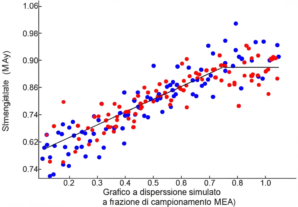 Grafico a dispersione simulato che mostra la relazione lineare tra la stima del coefficiente di regressione (asse y) e la frazione di campionamento (asse x). I punti blu (stime non aggiustate) seguono una linea diagonale crescente, mentre i punti rossi (stime aggiustate con metodo MEA) si raggruppano attorno a una linea orizzontale che rappresenta il valore vero. Obiettivo standard 50mm, messa a fuoco nitida sui punti dati, stile grafico pulito e scientifico.