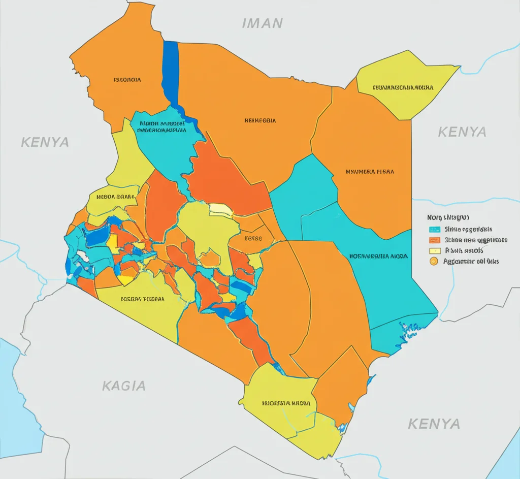 Mappa stilizzata del Kenya divisa per contee, con colori diversi che rappresentano valori aggregati (es. parità media). Accanto, un piccolo grafico mostra la differenza tra stime non aggiustate e aggiustate del bias. Obiettivo grandangolare 24mm, vista dall'alto, colori vivaci ma chiari, stile infografica.