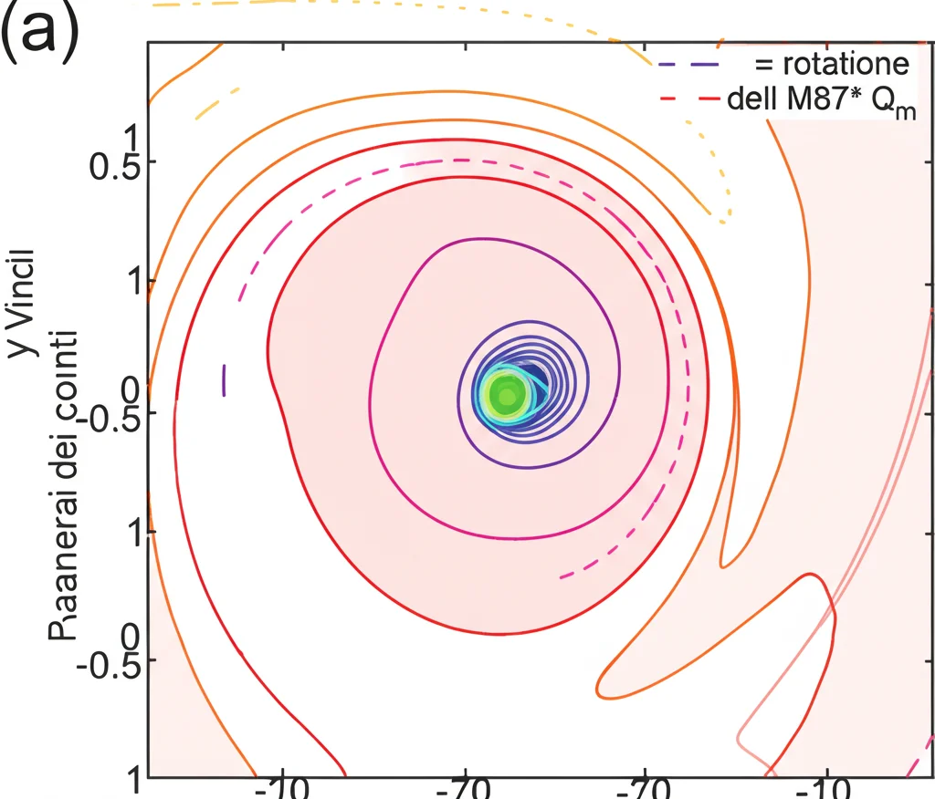 Grafico scientifico che mostra i vincoli sui parametri del buco nero con capelli corti (asse x: rotazione 'a', asse y: parametro dei capelli 'Qm') derivati dai dati dell'ombra di M87* dell'EHT. L'area colorata rappresenta lo spazio dei parametri consentito. Grafico 2D, obiettivo 50mm, messa a fuoco precisa sulle linee di contorno dei vincoli, colori chiari e contrastanti.