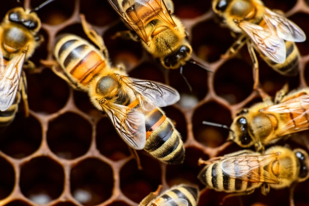 Macro fotografia di un'ape mellifera che esegue la danza scodinzolante su un favo scuro. L'ape è al centro, con l'addome leggermente sfocato per il movimento. Attorno, altre api sono orientate verso di lei, sembrando 'ascoltare' attentamente. Illuminazione controllata che evidenzia i dettagli dell'ape e la texture del favo. Obiettivo macro 100mm, alta definizione, messa a fuoco precisa sull'ape danzante.