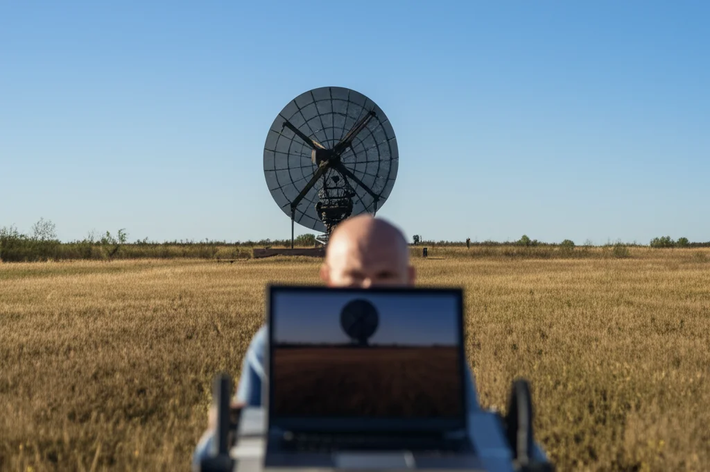 Fotografia di un'antenna radar parabolica in un campo aperto, puntata verso il cielo. In primo piano, sfocato, si intravede un ricercatore che osserva uno schermo. L'immagine cattura l'azione della ricerca sul campo. Obiettivo teleobiettivo zoom 200mm, fast shutter speed per congelare l'azione, tracking del movimento implicito nella scena della ricerca scientifica.