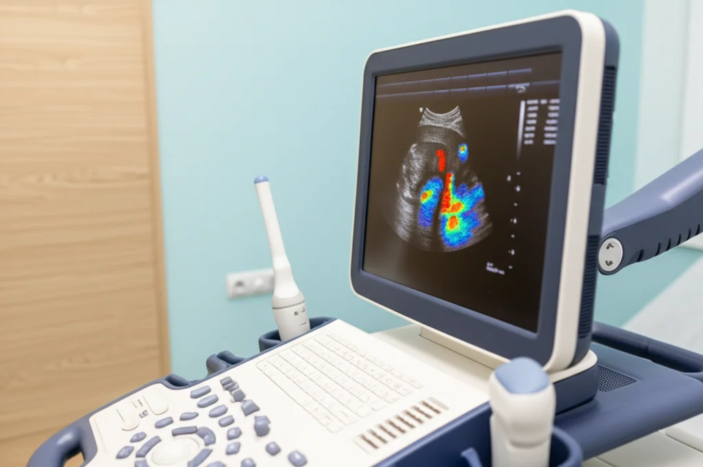 Immagine fotorealistica di un ecografo di ultima generazione in una sala diagnostica moderna. Lo schermo mostra un'immagine ecografica del seno con sovrapposta la mappa colorata dell'elastografia (aree rosse/blu indicano diversa rigidità). Macro lens, 85mm, high detail, controlled lighting, focus sullo schermo.