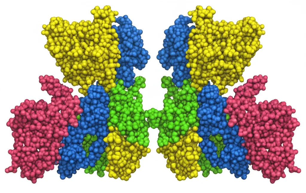Macro fotografia, obiettivo da 80 mm, rendering 3D dettagliato del complesso enzimatico DPOR, che mostra le sue due metà simmetriche con substrato protoclorofillide legati, focalizzazione precisa, illuminazione scientifica controllata, evidenziando le catene proteiche in diversi colori sottili.
