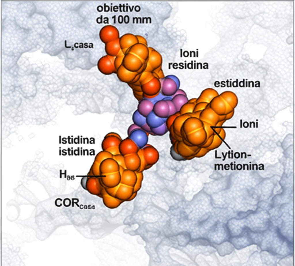 Macro fotografia, obiettivo da 100 mm, vista ravvicinata del sito di rame di-nucleare all'interno dell'interfaccia della proteina DPOR, che mostra due ioni di rame coordinati da residui di istidina e metionina e molecole d'acqua, alti dettagli, focalizzazione precisa, stile di visualizzazione scientifica, ioni di rame arancione.