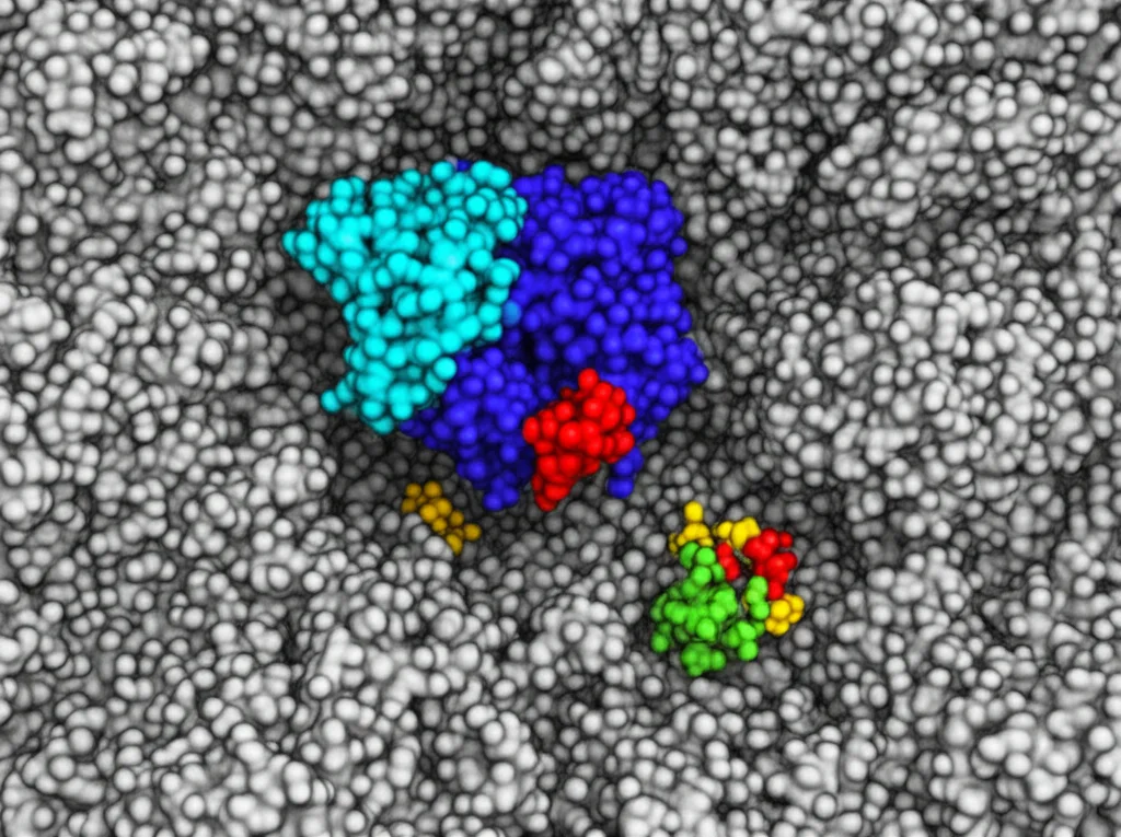 Rendering fotorealistico, obiettivo Prime da 50 mm, il complesso DPOR durante il fatturato, che mostra il tetramero proteico NB più grande con solo * Dimero a proteina L-una * L-Proteina attraccata in modo asimmetricamente, molecole ATP nelle vicinanze, profondità dell'effetto sul campo, stile di illustrazione scientifica.