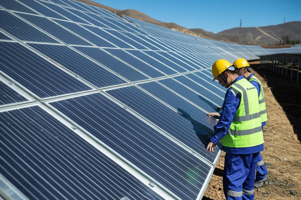 Fotografia aerea di un grande impianto fotovoltaico operativo nella regione montuosa di Daofu, Sichuan, pannelli scintillanti sotto il sole. Tecnici in giubbotti ad alta visibilità ispezionano alcune file di pannelli. Telephoto zoom, 200mm, luce diurna brillante, action tracking sui tecnici, sharp focus.