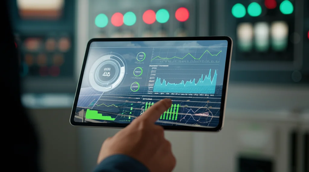 Primo piano di un tablet in mano a un ingegnere all'interno di una sala controllo di un impianto energetico. Sullo schermo del tablet è visibile un'interfaccia grafica complessa che mostra l'ottimizzazione in tempo reale dei flussi energetici di un impianto fotovoltaico, con grafici e indicatori di performance. Macro lens, 85mm, high detail, precise focusing, luce ambientale della sala controllo.