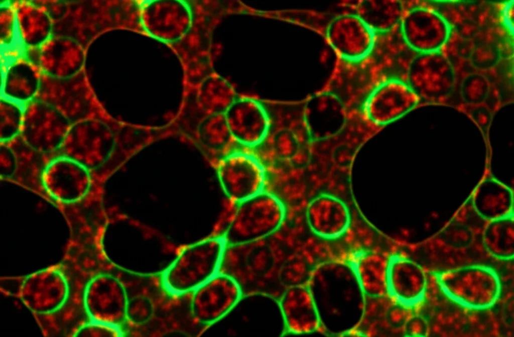 Macro fotografia, 85mm, alta definizione, di cellule staminali ematopoietiche (CD34+) visualizzate al microscopio con marcatori fluorescenti su sfondo scuro, illuminazione controllata.