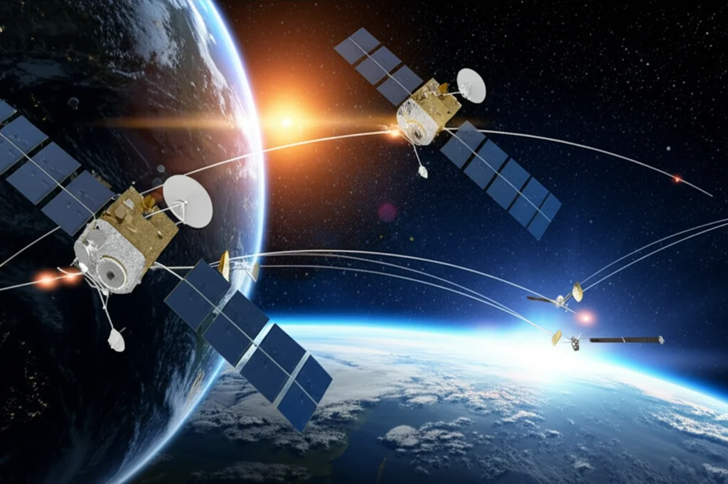 Wide-angle, 15mm lens, sharp focus, long exposure: Una visualizzazione fotorealistica della Terra vista dallo spazio, mostrando multipli satelliti BDS-3 in orbita, con luminosi link in banda Ka che li collegano sullo sfondo di stelle e della Terra illuminata dal sole.