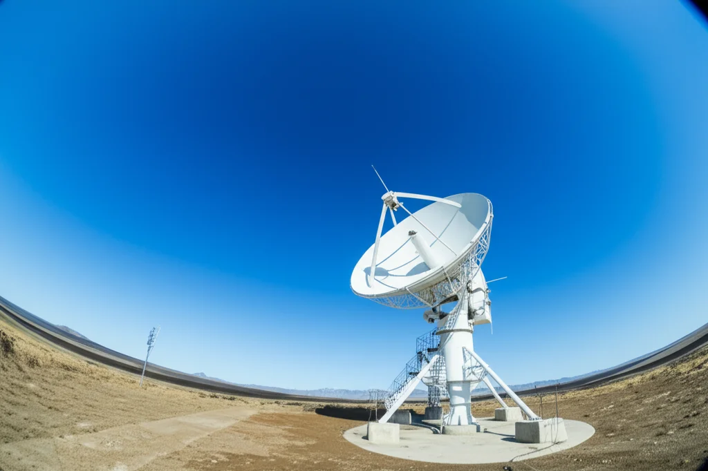 Wide-angle landscape, 20mm lens, sharp focus: Un'immagine fotorealistica di un'antenna parabolica di una stazione di terra GNSS contro un cielo blu limpido, rappresentante la rete globale che monitora i segnali BDS-3.