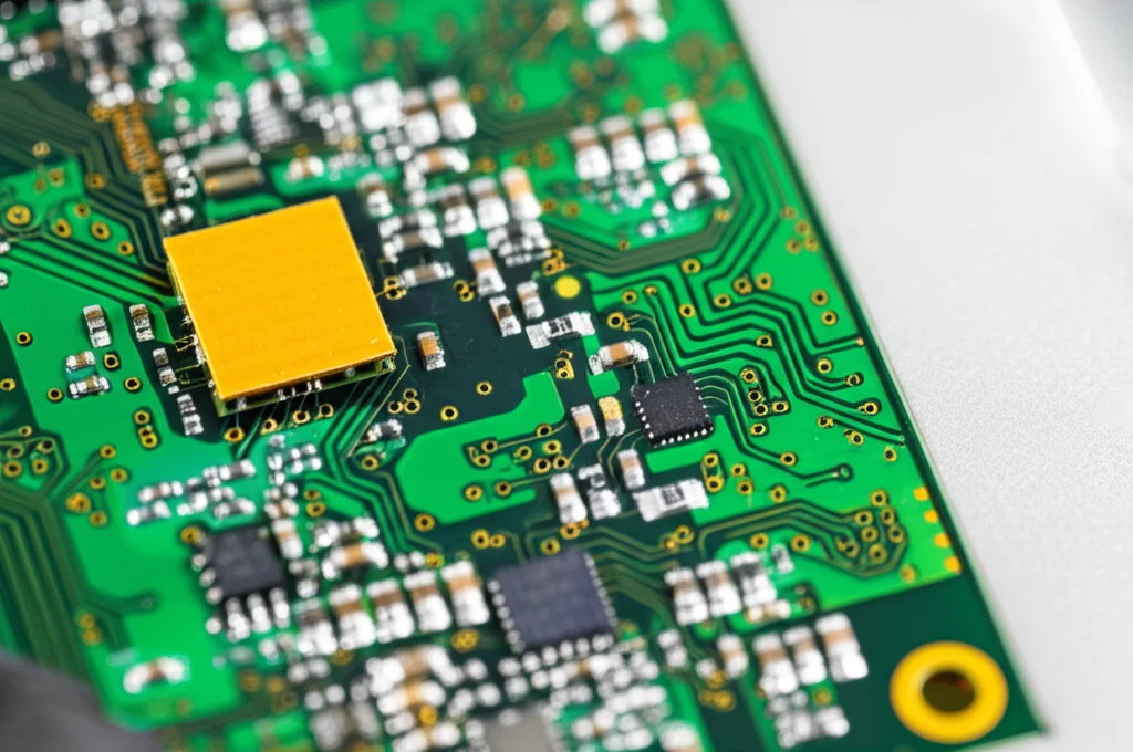 Macro lens, 90mm, high detail, precise focusing: Un primo piano fotorealistico di complessi componenti elettronici satellitari e elementi di antenna phased array, suggerendo i ritardi hardware e le potenziali anomalie all'interno del sistema ISL.