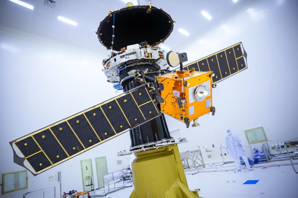 Telephoto zoom, 200mm, action tracking: Una rappresentazione fotorealistica di un satellite di navigazione di nuova generazione in fase di assemblaggio in una camera bianca, con focus sulla tecnologia avanzata delle antenne, a simboleggiare i futuri miglioramenti.