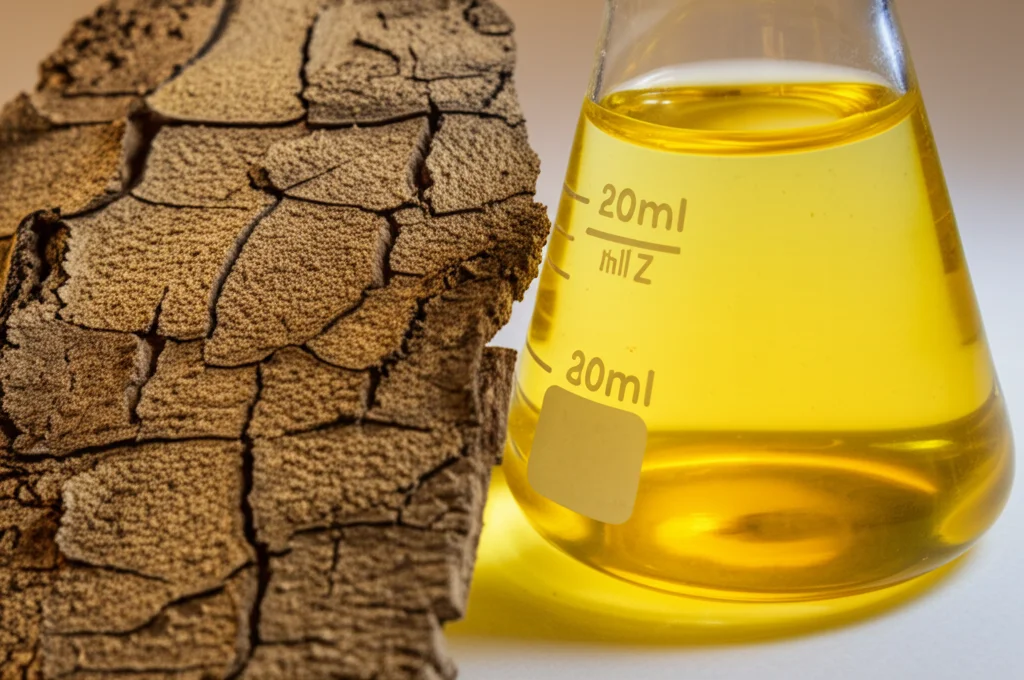 Immagine macro fotorealistica di corteccia di Cuachalalate (Amphipterygium adstringens) accanto a un becher contenente una soluzione giallastra usata per la sintesi verde di nanoparticelle di ZnO. Illuminazione controllata, alta definizione, obiettivo macro 100mm, focus preciso sulla texture della corteccia e sulla soluzione.