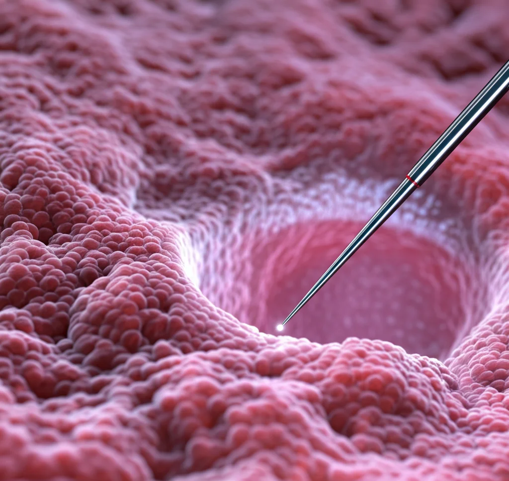 Primo piano macro di un catetere per ablazione con la punta vicino a tessuto cardiaco simulato o a una mappa 3D. L'immagine enfatizza la precisione richiesta e la complessità della procedura. Obiettivo macro 100mm, alta definizione, illuminazione focalizzata sulla punta del catetere.