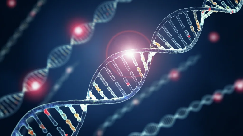 Visualizzazione astratta di frammenti di DNA tumorale circolante (ctDNA) che fluttuano in un campione di sangue stilizzato, illuminati da una luce diagnostica. Macro lens, 90mm, high detail, precise focusing, sfondo blu scuro per enfatizzare i filamenti luminosi.