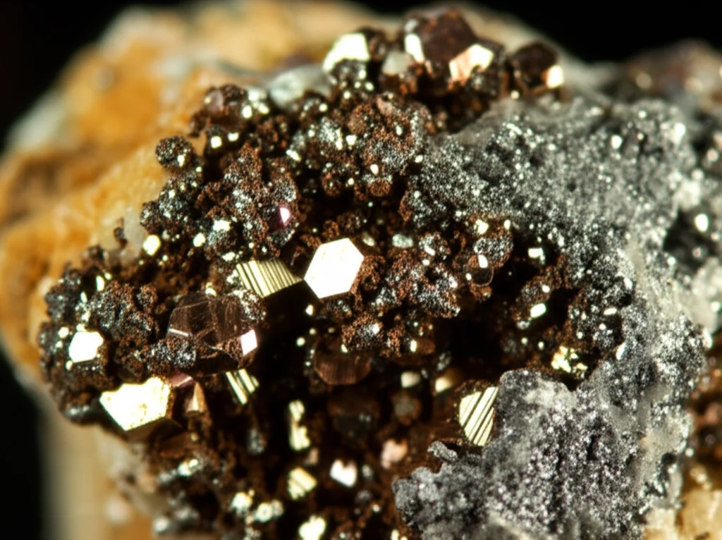 Macro fotografia di cristalli di sfalerite marrone-rossastra con inclusioni di galena grigio metallico. Obiettivo macro 100mm, illuminazione laterale controllata per evidenziare la lucentezza e le sfaccettature dei cristalli, alta definizione, messa a fuoco precisa sulla sfalerite, sfondo leggermente sfocato.