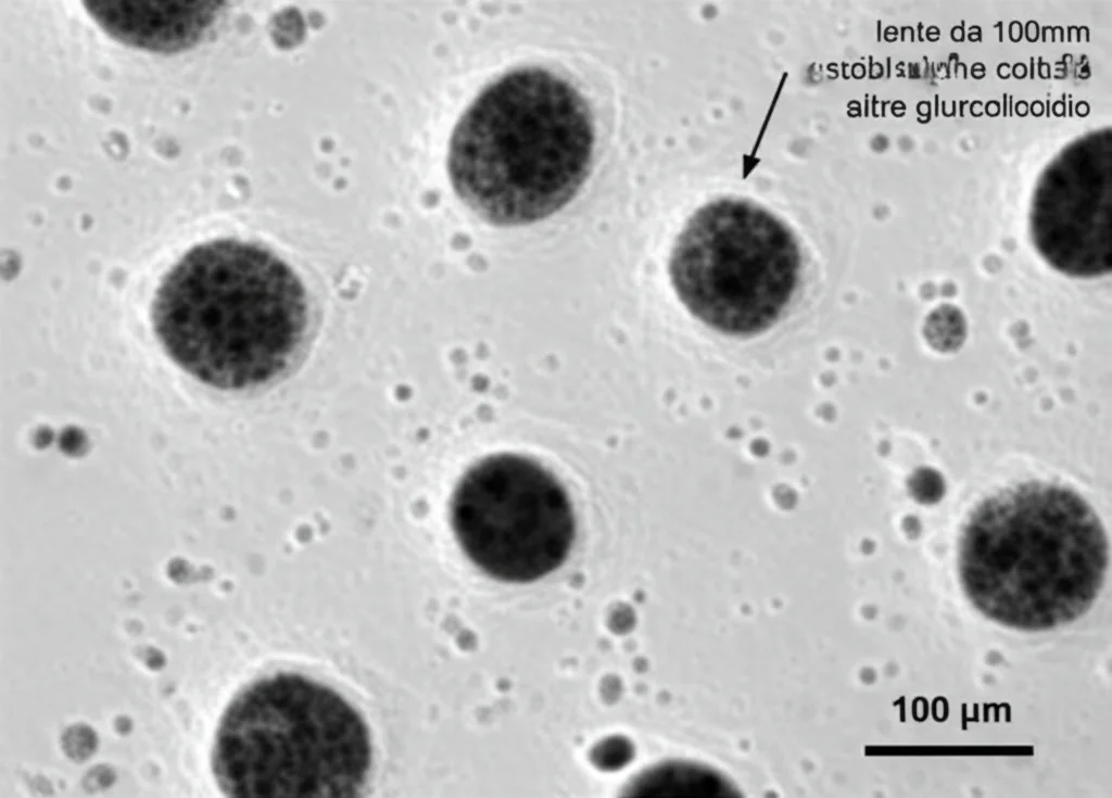Immagine macro con lente da 100mm di cellule osteoblastiche MC3T3-E1 in coltura, alcune sane e vitali (grazie alla Nobiletina), altre in apoptosi (indotta da glucocorticoidi). Illuminazione controllata per evidenziare i dettagli morfologici, focus preciso sulle differenze cellulari.