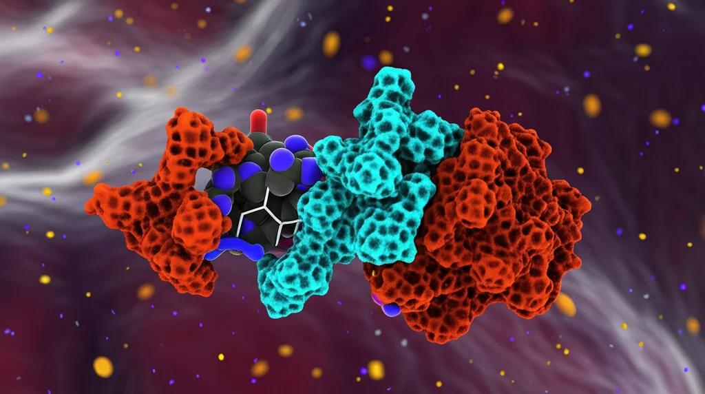 Visualizzazione 3D fotorealistica della molecola di Nobiletina che interagisce con la proteina JAK2 all'interno di una cellula. Lente macro 60mm, alta definizione, illuminazione drammatica per evidenziare l'interazione molecolare, sfondo sfocato che rappresenta l'ambiente cellulare.