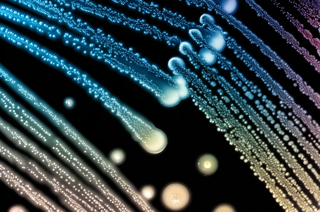 Fotografia macro ad alta definizione di diverse colonie batteriche colorate (blu, rosa, gialle) che crescono su una piastra di Petri nera, illuminazione laterale controllata per evidenziare le texture lucide e opache delle colonie, obiettivo macro 100mm, focus estremamente preciso su una colonia centrale.