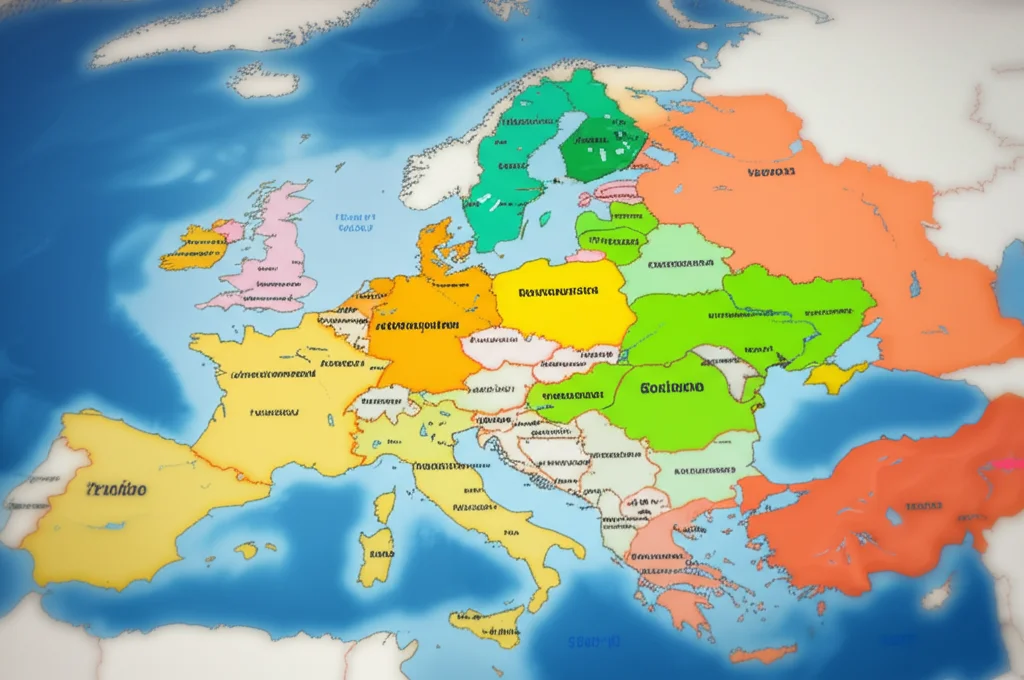 Mappa stilizzata dell'Europa con le divisioni NUTS evidenziate a diversi livelli (NUTS 1, 2, 3), wide-angle lens 15mm, sharp focus, colori vivaci ma chiari per distinguere i livelli, che illustra la complessità geografica.
