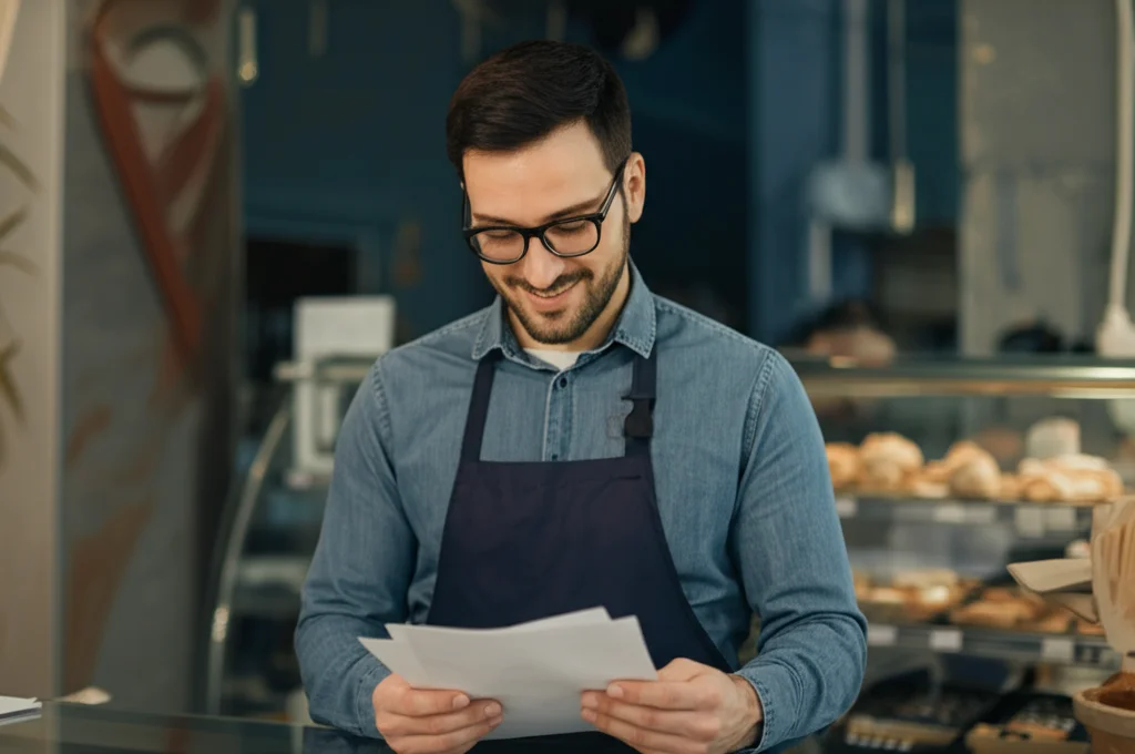 Foto di un piccolo imprenditore sorridente nel suo negozio locale (es. panetteria o officina) mentre consulta documenti finanziari, prime lens 35mm, depth of field per sfocare leggermente lo sfondo, luce naturale, simboleggiando il focus sulle PMI locali.