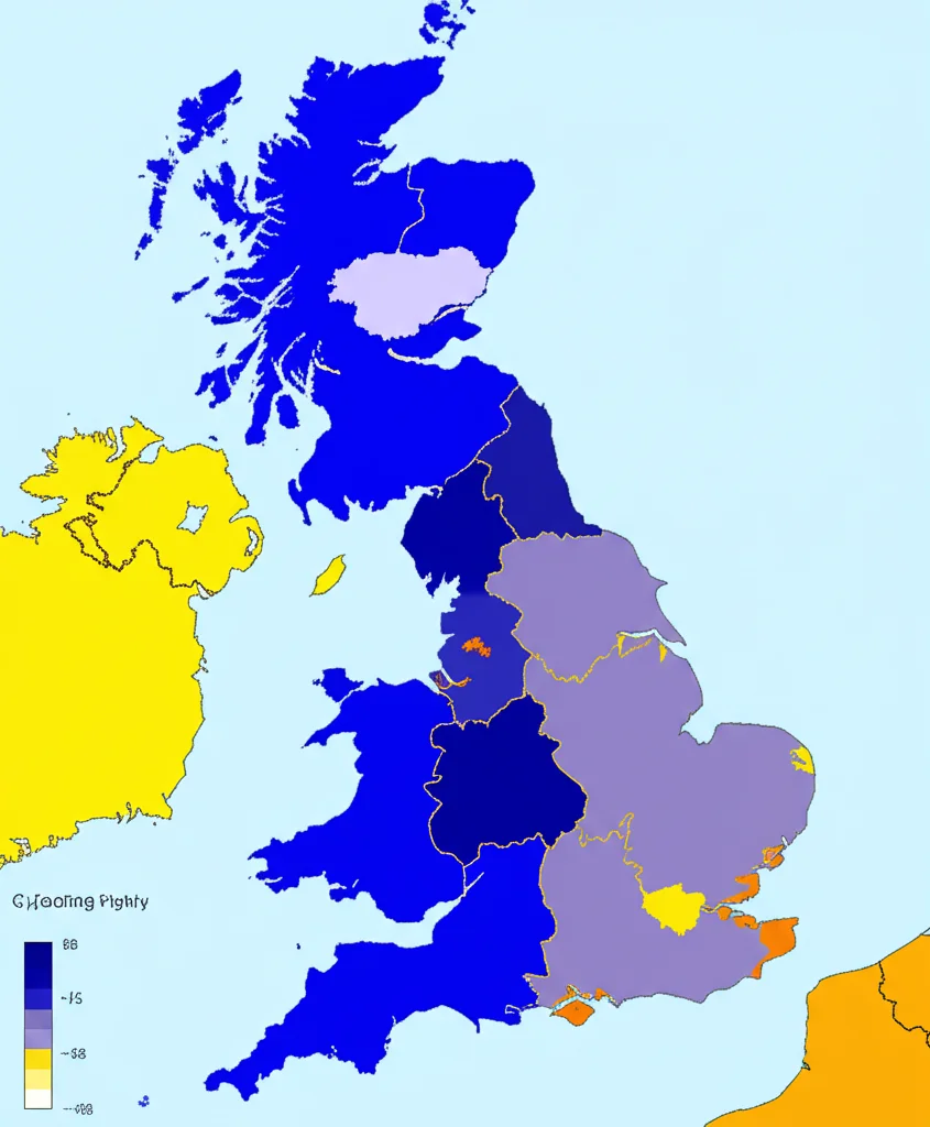 Schermata di un software GIS che mostra mappe tematiche del Regno Unito con dati RLS aggregati a livello NUTS 3, colori graduati per indicare l'intensità, high detail, controlled lighting, evidenziando la variazione spaziale locale.