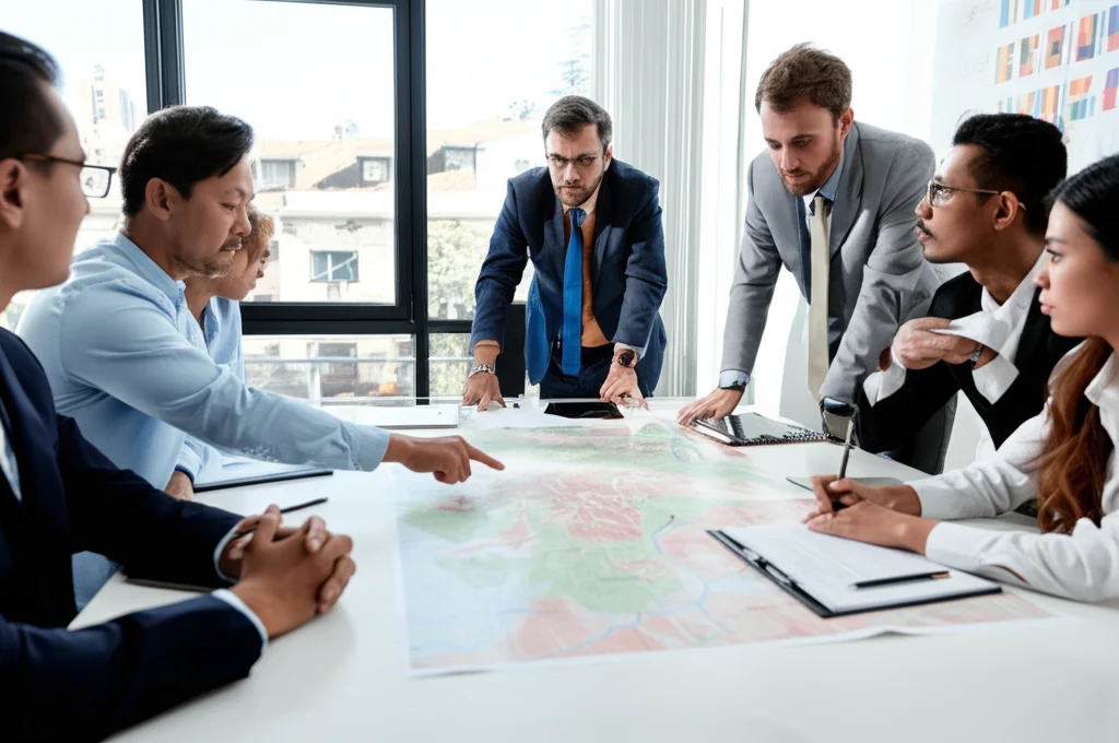 Gruppo diversificato di persone (politici locali, imprenditori, consulenti) attorno a un tavolo in una riunione strategica, discutono animatamente indicando una mappa locale dettagliata (livello NUTS 3), zoom lens 30mm, ambiente ufficio moderno e luminoso, per rappresentare la policy localizzata.