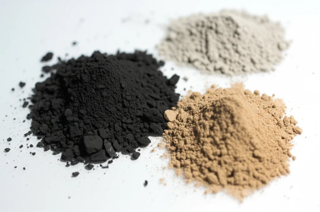 Scatto macro di diversi campioni di materiali su una superficie da laboratorio: polvere scura di biochar da fondi di caffè, polvere grigiastra di bentonite, e un campione di terreno calcareo marrone chiaro. Illuminazione controllata, alta definizione, messa a fuoco precisa sui dettagli delle particelle, obiettivo macro 100mm.