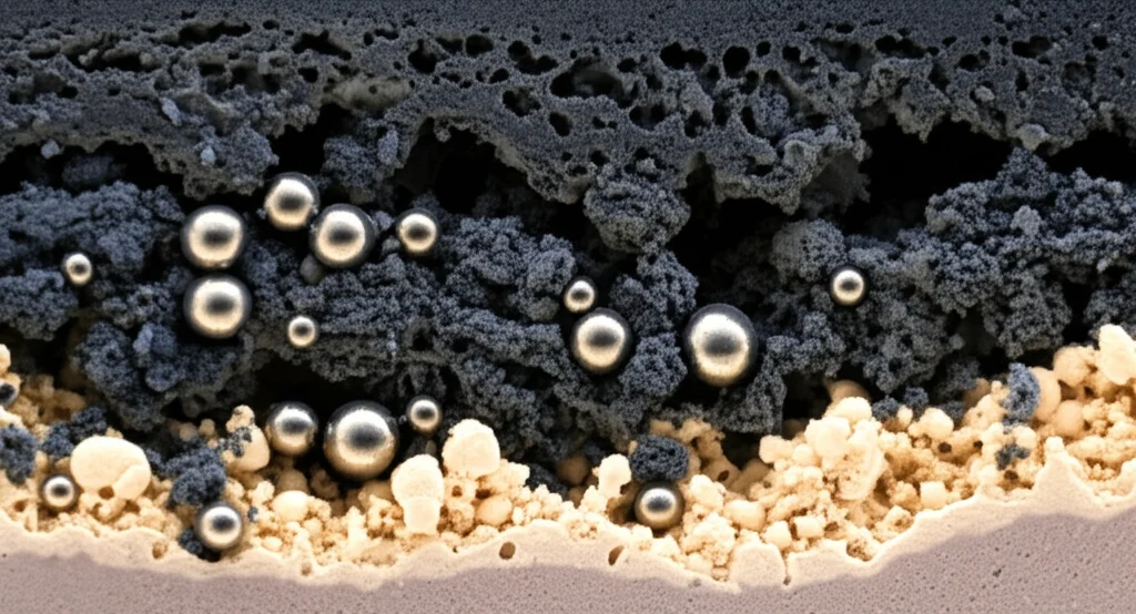 Immagine concettuale fotorealistica di una sezione trasversale di suolo calcareo. Si vedono chiaramente frammenti scuri porosi di biochar e particelle più chiare di argilla bentonitica. Piccole sfere metalliche lucide (simbolo del cadmio) sono visibili intrappolate all'interno dei pori del biochar e tra gli strati dell'argilla. Obiettivo macro 60mm, alta definizione, illuminazione laterale per evidenziare le texture.