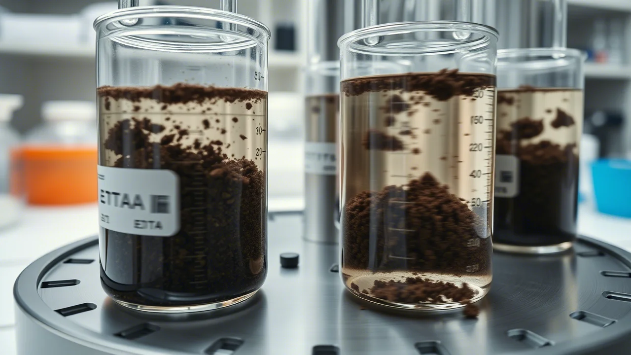 Fotografia di un laboratorio di chimica del suolo. In primo piano, una serie di beute contenenti sospensioni di terreno scuro in un liquido trasparente (soluzione EDTA) sono agitate vigorosamente su un agitatore orbitale. L'immagine cattura il movimento con una leggera sfocatura, trasmettendo dinamismo. Obiettivo teleobiettivo zoom 150mm, velocità dell'otturatore elevata per congelare parzialmente il movimento ma mantenere la sensazione di azione, tracking del movimento.