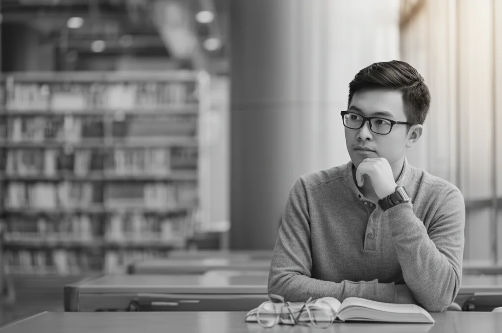 Ritratto di un giovane studente universitario cinese assorto nei suoi pensieri, seduto in una biblioteca moderna con luce naturale che filtra dalle finestre. Obiettivo 35mm, stile filmico bianco e nero, profondità di campo ridotta per enfatizzare l'espressione riflessiva sulle decisioni di consumo.