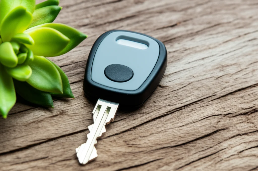 Fotografia macro di una chiave elettronica di un hotel appoggiata su una superficie di legno grezzo vicino a una piccola pianta succulenta. Illuminazione controllata e precisa, obiettivo macro 100mm, alta definizione per simboleggiare l'accesso a scelte di alloggio sostenibili.