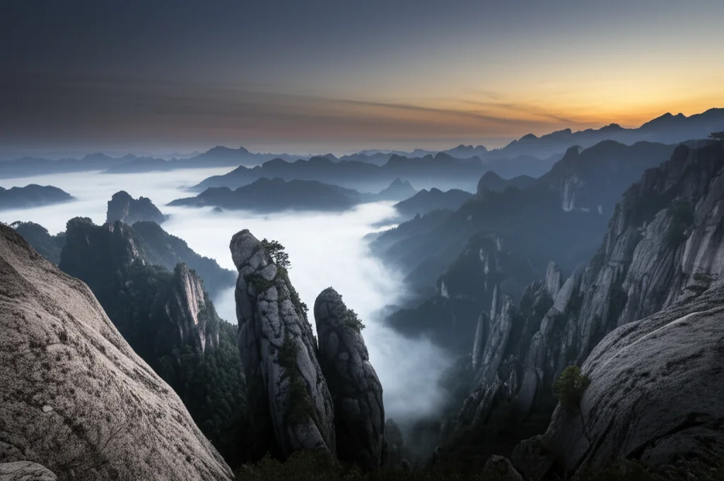 Ampia veduta di un paesaggio montano cinese all'alba, con nebbia nelle valli e luce dorata sulle cime. Obiettivo grandangolare 15mm, lunga esposizione per nuvole setose, messa a fuoco nitida per evocare la bellezza della natura da proteggere con scelte sostenibili.