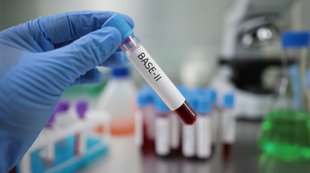 Primo piano di una provetta di sangue con etichetta BASE-II tenuta da una mano guantata in un laboratorio moderno e luminoso, sullo sfondo attrezzature scientifiche sfocate. Lente prime 50mm, profondità di campo, illuminazione da laboratorio controllata.