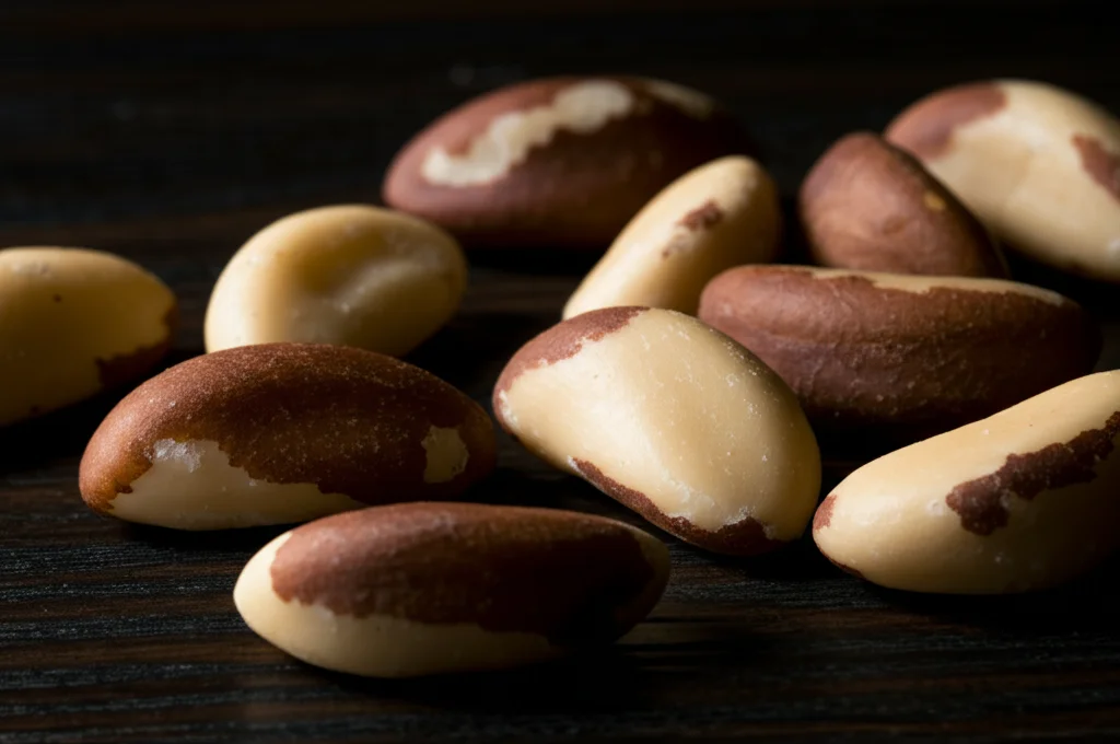 Macro fotografia di noci del Brasile, ricche di selenio, sparse su una superficie di legno scuro. Luce laterale drammatica che evidenzia la texture delle noci. Lente macro 90mm, messa a fuoco selettiva, alta definizione.