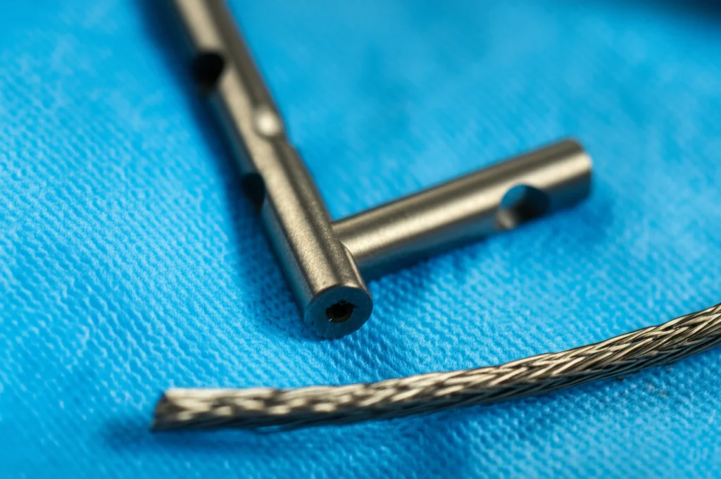 Primo piano macro di un pin ortopedico perforato in titanio con il foro visibile, accanto a un segmento di cavo metallico intrecciato, posati su un drappo chirurgico blu sterile. Illuminazione da studio controllata, alta definizione dei dettagli metallici, obiettivo macro 90mm, profondità di campo ridotta.