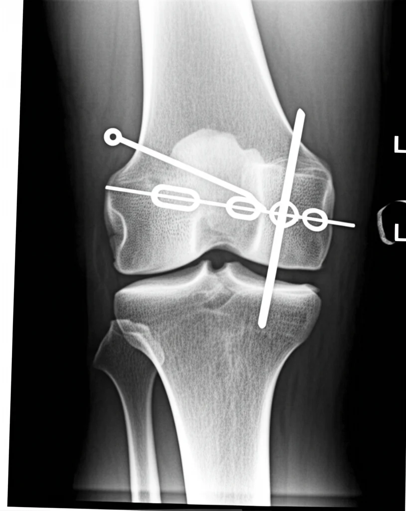 Radiografia laterale di un ginocchio umano che mostra una frattura della rotula fissata con due pin perforati paralleli e un cavo metallico a figura di otto. L'immagine evidenzia la buona riduzione della frattura e il posizionamento dei mezzi di sintesi. Stile radiografico standard, bianco e nero, alta risoluzione.