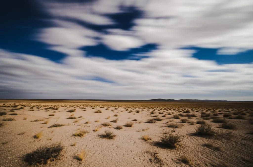 Fotografia paesaggistica della steppa desertica della Mongolia Interna spazzata dal vento, wide-angle 15mm, messa a fuoco nitida, luce dura del pomeriggio che evidenzia la texture del suolo eroso e la scarsa vegetazione rada. Long exposure per mostrare il movimento delle nuvole basse.